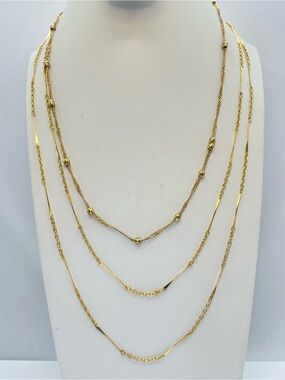 18K Gold Filled Layered Station Necklace Multi Strand Long Chain Minimalist